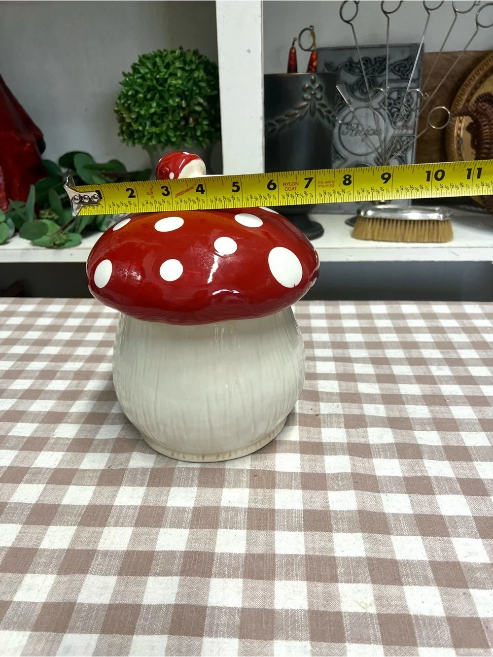 Mushroom canister ceramic red white cookie jar decor